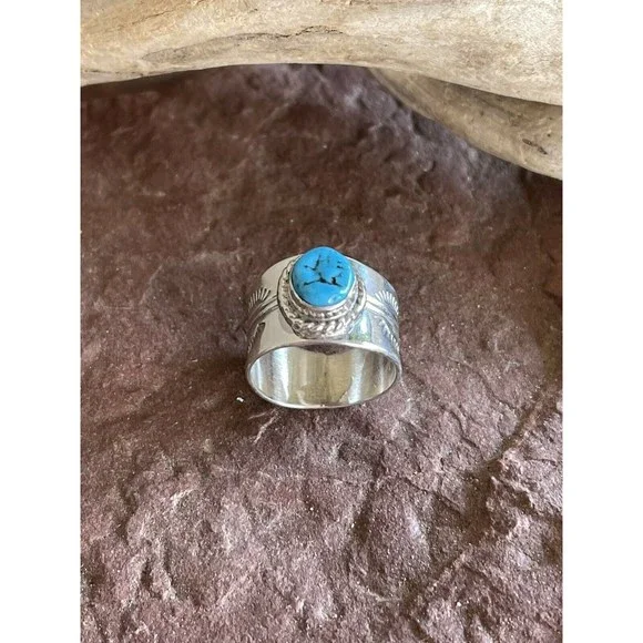 Navajo Sterling Silver Turquoise Cigar Band Ring - Picture 1 of 11